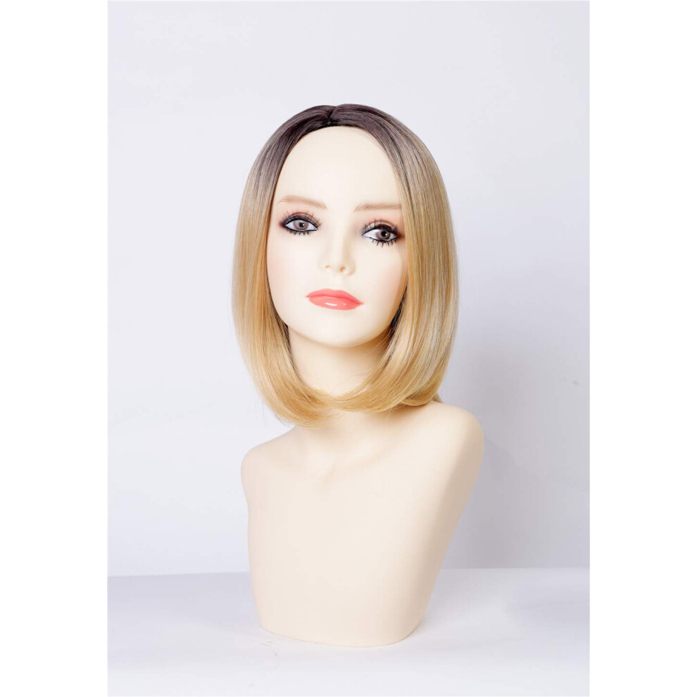 Unisex Dark Synthetic Bob Wig Blonde Ombre 13 Inch Short Straight Heat Resistant With Natural Hairline
