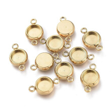 10pc Ion Plating(IP) 304 Stainless Steel Cabochon Connector Settings Flat Round Golden Tray: 6mm 14x8.5x3mm Hole: 1.6mm