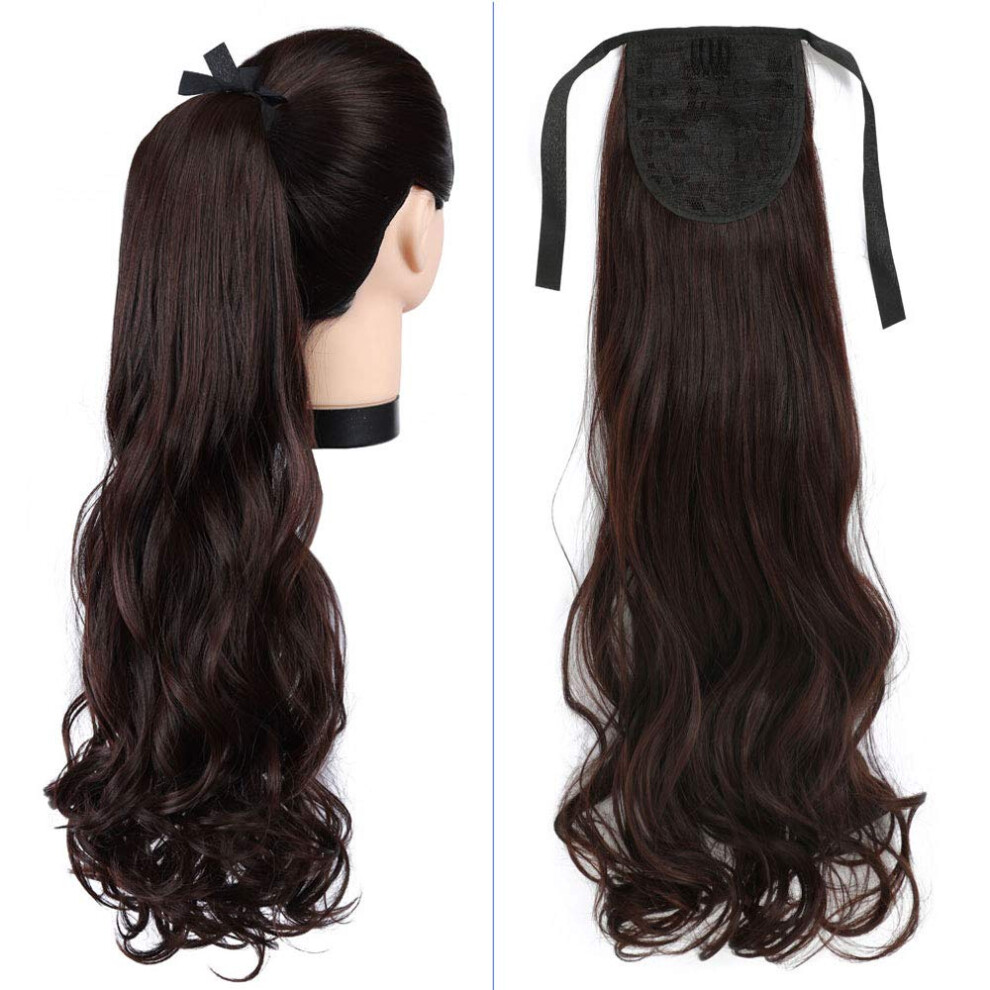 24 Inch Synthetic Wavy Ponytail Extension with Natural Wave Texture Wrap Around Brown Hairpiece