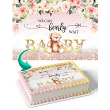 We Can Bearly Wait Baby Girl Edible Cake Image Topper Birthday Cake Banner 1/4 Sheet