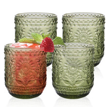 Vintage Wine Glasses Set of 4 Green Embossed Floral Sunflower Design Drinkware for All Beverages