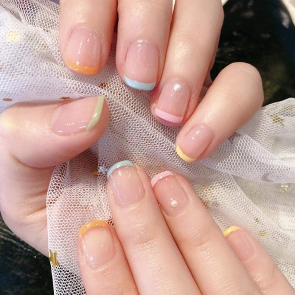 Short Oval French Tip Press On Nails Nude Acrylic False Nails with Adhesive Pearl Glossy Set 24pcs