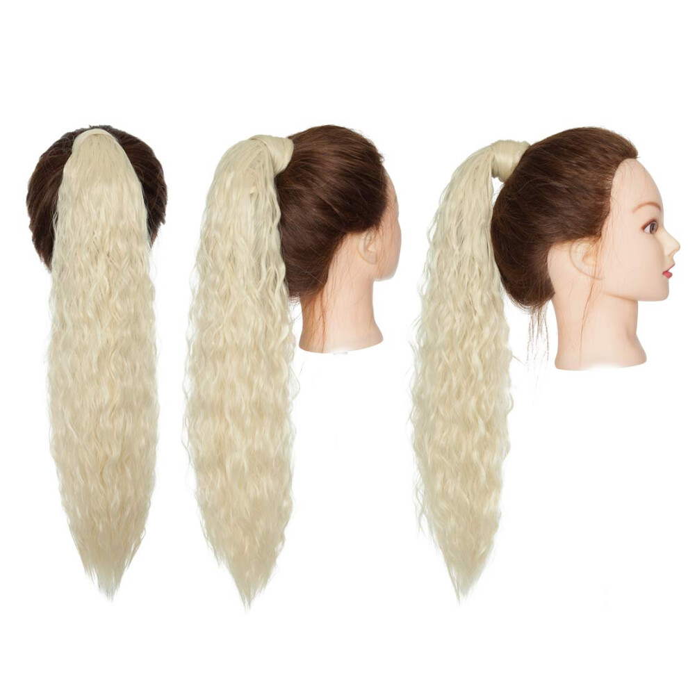 Unisex Ponytail Hair Extensions 20 Inch Wavy Synthetic Wrap Around Bleach Blonde Heat Resistant Hairpiece