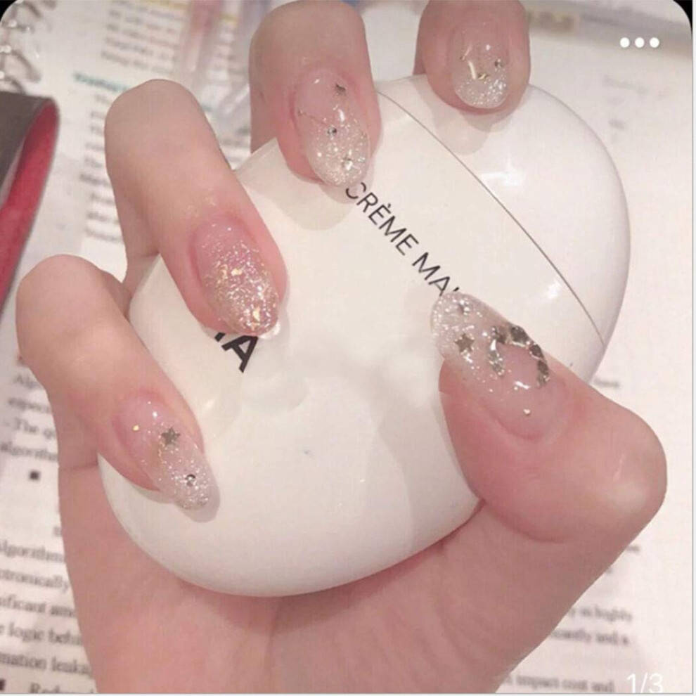 Long Oval Glitter Press On Nails Clear Shimmer Ombre Fake Nails Acrylic Full Cover 24pcs