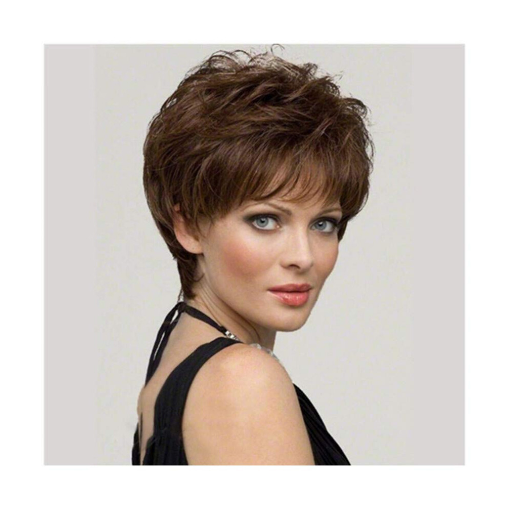Unisex Brown Short Wavy Wig With Bangs Human Hair Pixie Layered Cut For Women Natural Scalp Look