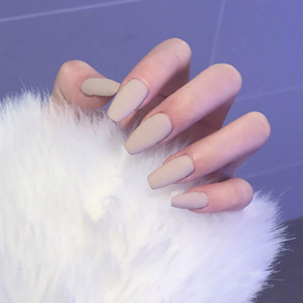 Cream Matte Nude Long Coffin Press On Nails Acrylic Full Cover Ballerina Fake Nails Tips Set 24Pcs