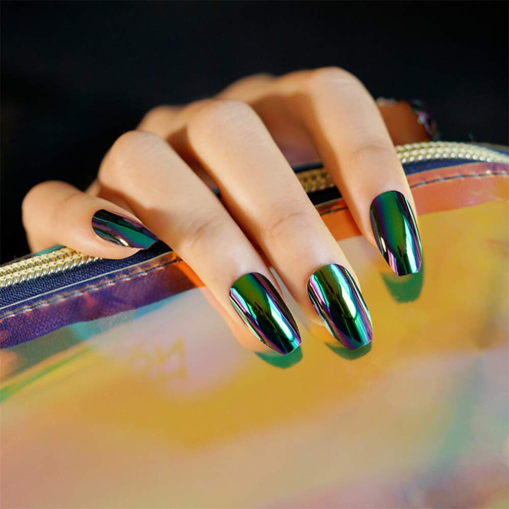 Press On Nails 24pcs Mirror Chrome Coffin Ballerina False Nail Set with Glue Stickers Reusable