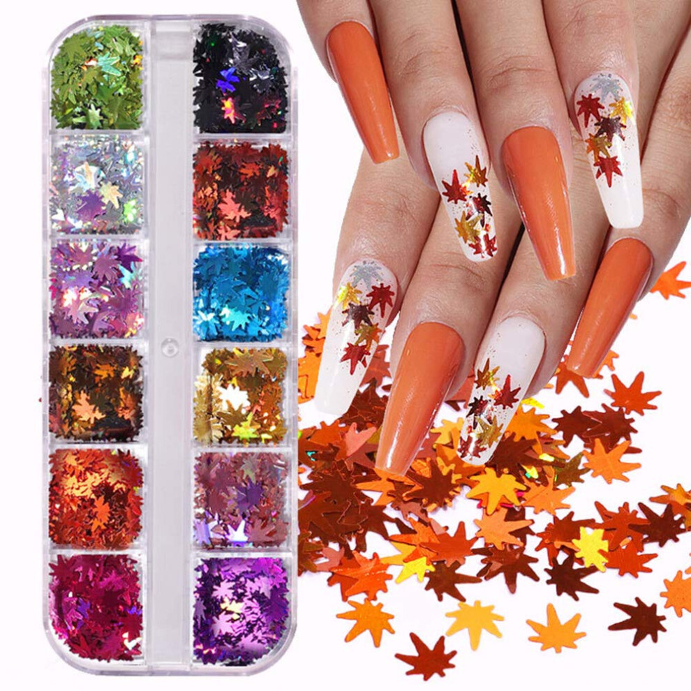 Fall Nail Art Stickers 3D Maple Leaf Sequins Holographic Autumn Nails Glitter 12 Grids Decorations