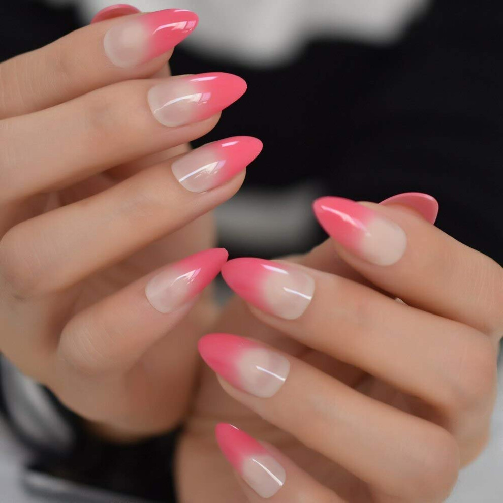 Pink Ombre French Tip Press On Stiletto Fake Nails Almond Shape Gradient Easy Application