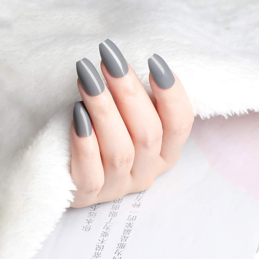 Gray Short Coffin Press On Nails Glossy Acrylic Fake Nails Full Cover Salon Style Stick On Nails 24Pcs