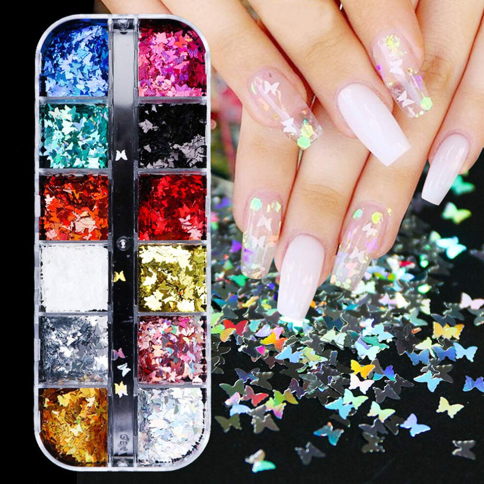 Butterfly Nail Art Glitter 12Color Holographic Sequins for 3D Nail Decorations and Manicure