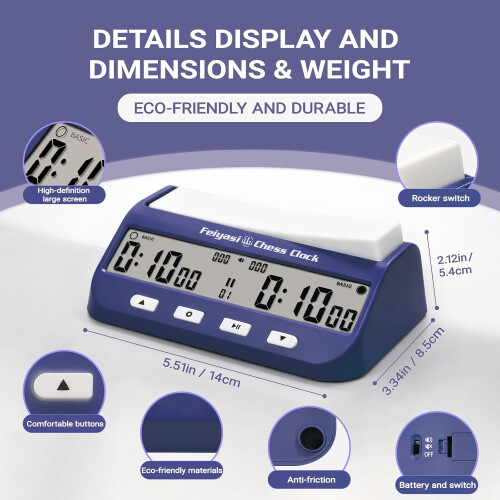 Digital Chess Clock with Large Screen, 5 Timer Modes, Adjustable Volume for Chess and Board Games Navy Blue 2