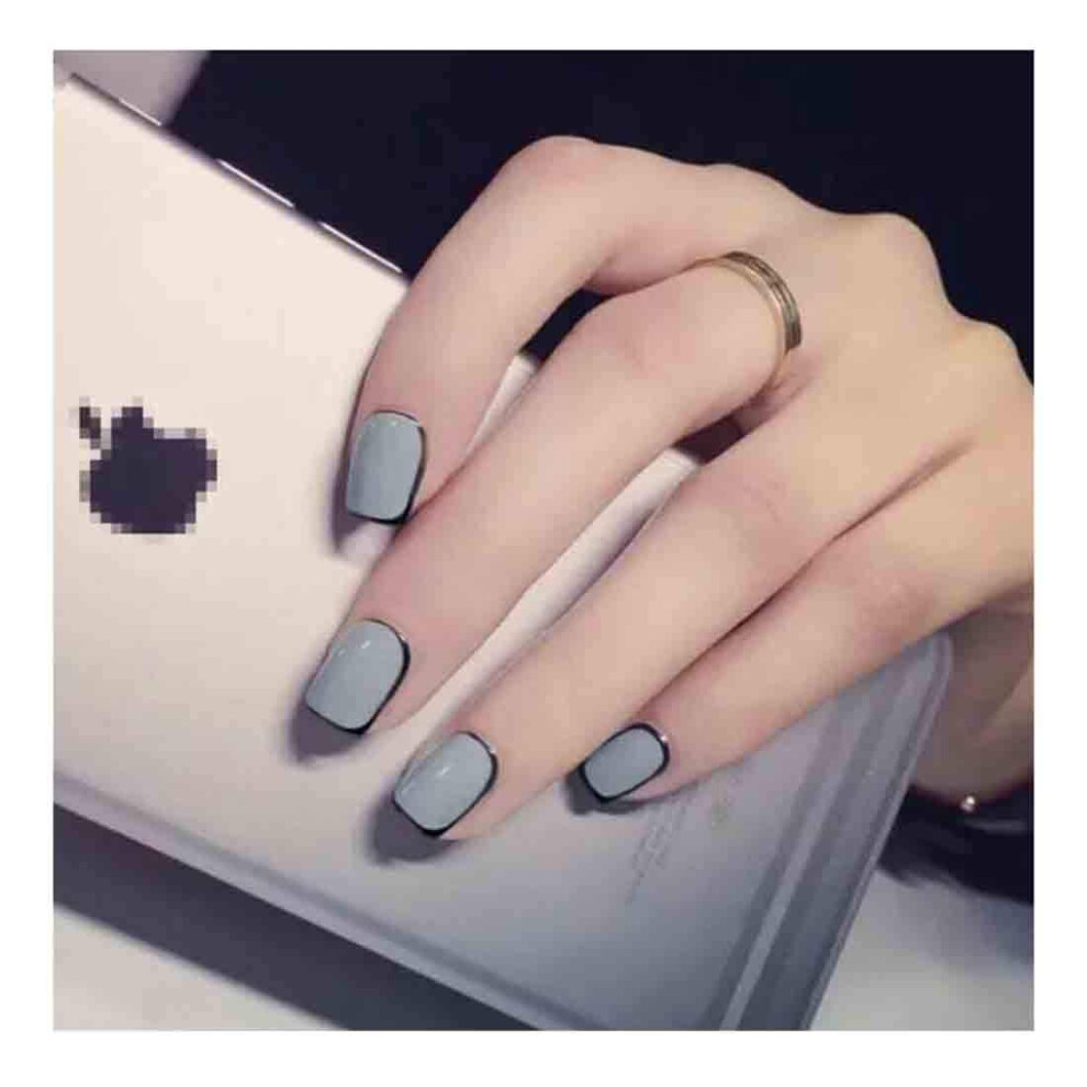 Grey Coffin Short Press On Nails For Women 24Pcs Reusable Fake Nails With Adhesive Tabs