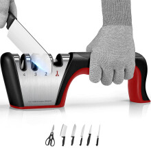 4Stage Kitchen Knife Sharpener with AntiCut Gloves for Knives and Scissors, Ergonomic Grip Black+Red