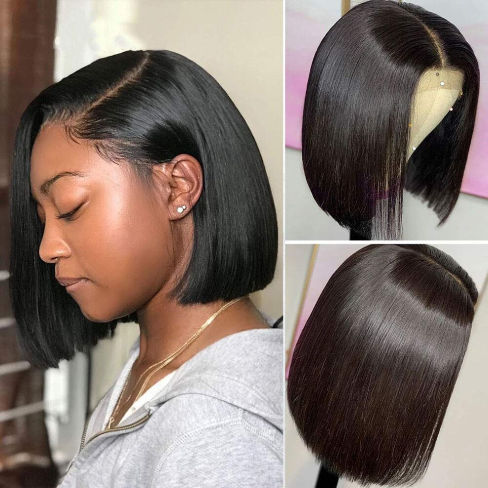 Unisex Bob Wig Human Hair Lace Front, Short Straight Brazilian 4X4 Closure, Preplucked Hairline 10 Inch