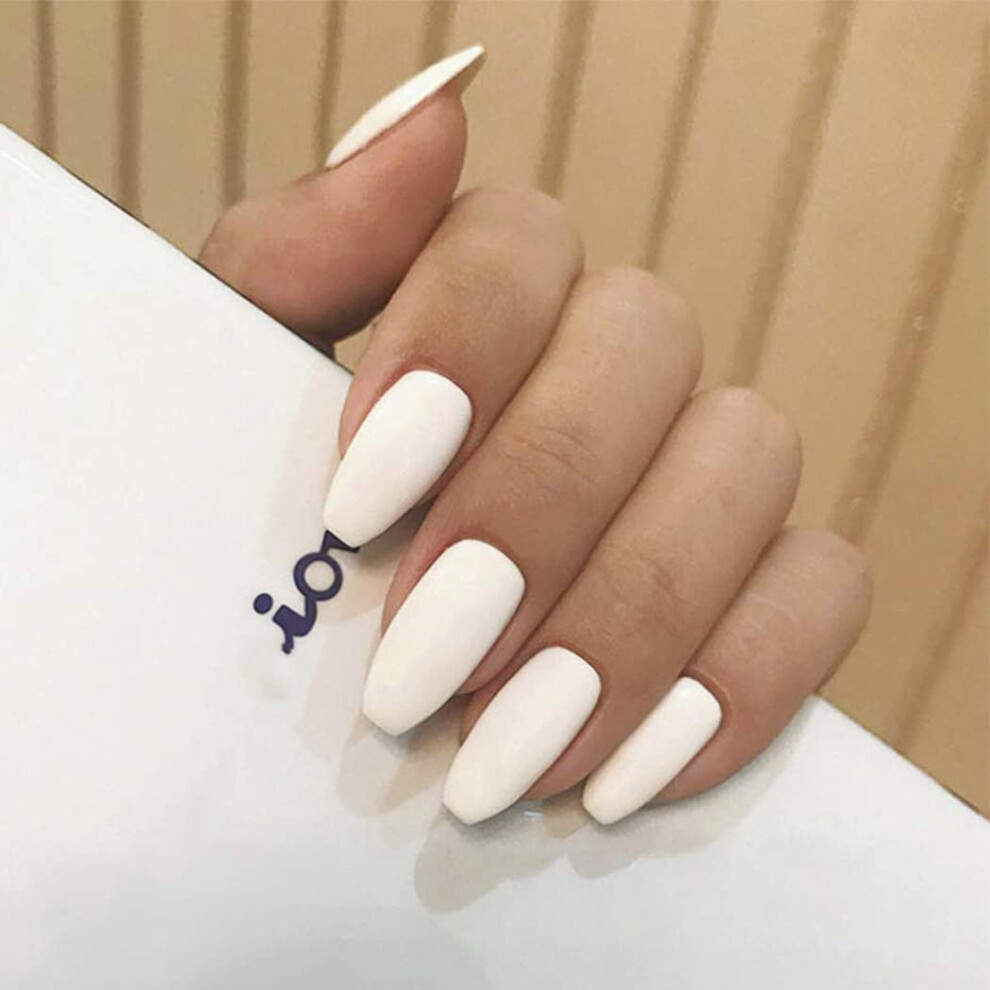 White Ballerina Press On Nails Long Coffin Fake Nails With Adhesive Tabs 24Pcs Full Cover