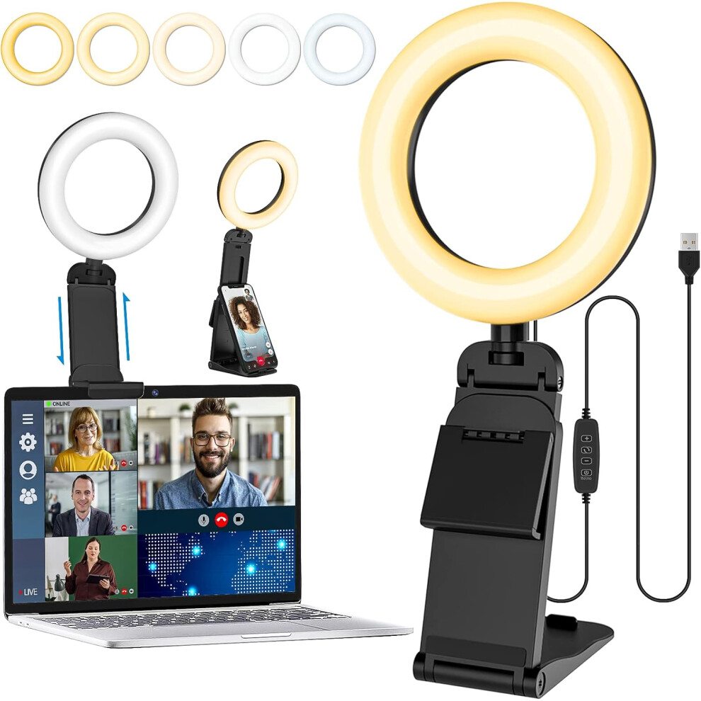 5'' Laptop Selfie Ring With Tripod, Mini Led Desktop Ring For Phone, 5 Dimming Modes, 10 Brightness Levels, Makeup, Streaming, Webcam Light 9377112426372
