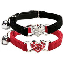 Pink Soft Velvet Safe Cat Adjustable Necklace with Crystal Heart Charm and Bells 8-11 Inch (Black+Red)