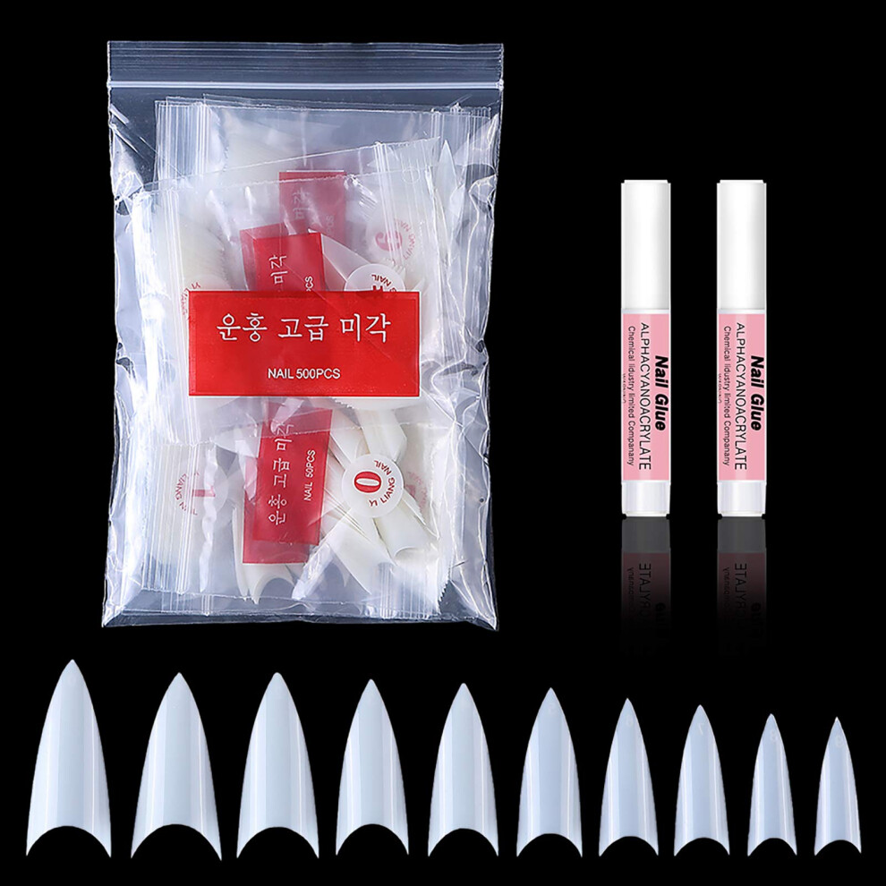 500pcs Stiletto False Nail Tips Acrylic Kit with Glue, Short Claw Full Cover for Salon and Home