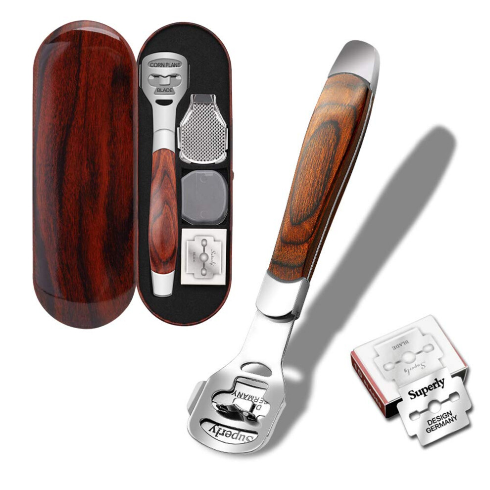 Professional Foot Callus Remover Shaver with Ergonomic Wooden Handle and 10 Replaceable Blades