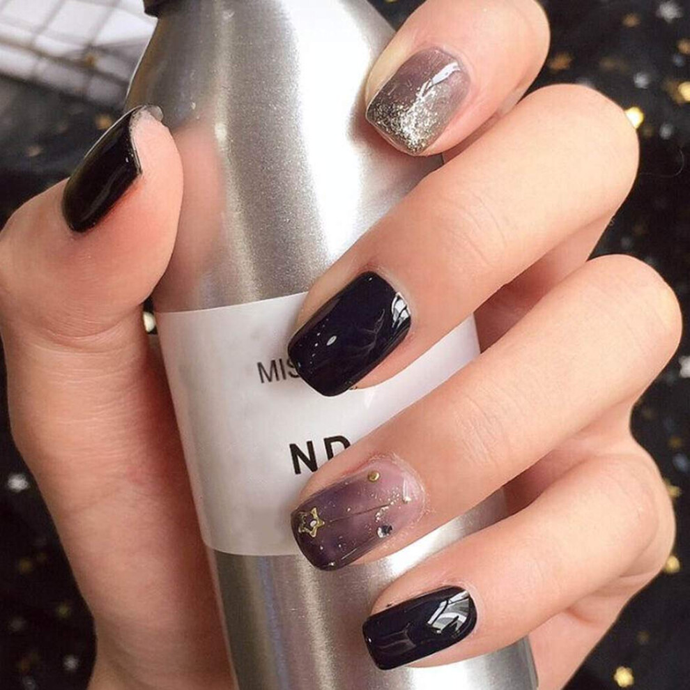 Black Glitter Press On Nails Set Gradient Glossy False Nails Salon Style For Women 24Pcs