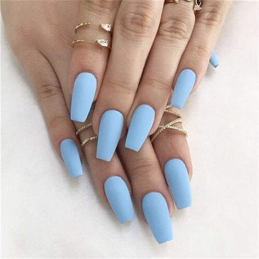 Blue Long Coffin Matte Press On Nails 24Pcs Ballerina Fake Nails With Mess Application