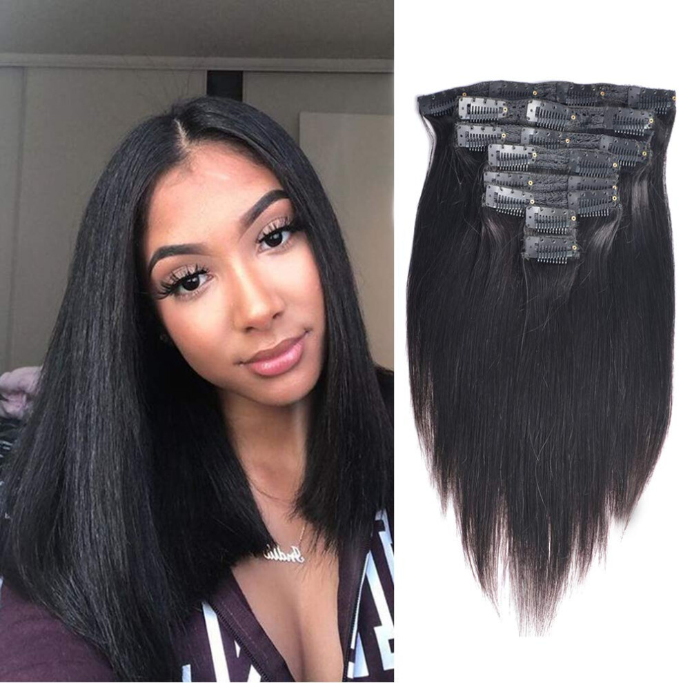Unisex Black 10 Inch Straight Clip In Hair Extensions 8Pcs Natural Remy Human Hair Wefts 18 Clips