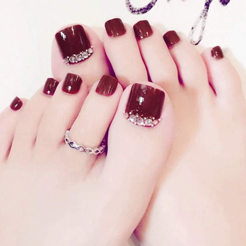 Red Press On Toenails With Rhinestones Glossy Acrylic False Toenails For Women 24 Pcs