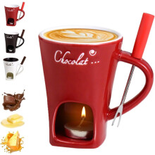 Chocolate Fondue Set with Forks, Ceramic Fondue Pot for Cheese or Butter, Tealight Heated, Red