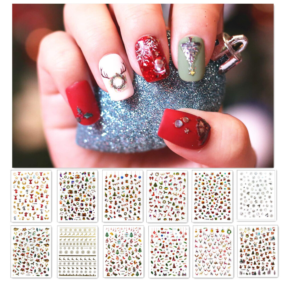 Christmas Nail Art Stickers Set, SelfAdhesive Holographic Decals with Santa Snowflake and Tree Designs