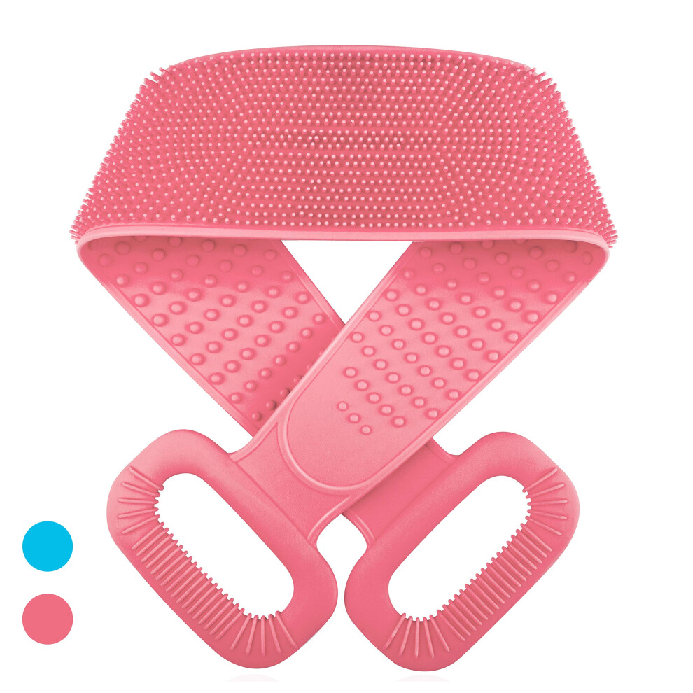 Pink Silicone Back Scrubber For Shower With Doublesided Exfoliation And Extended Reach,