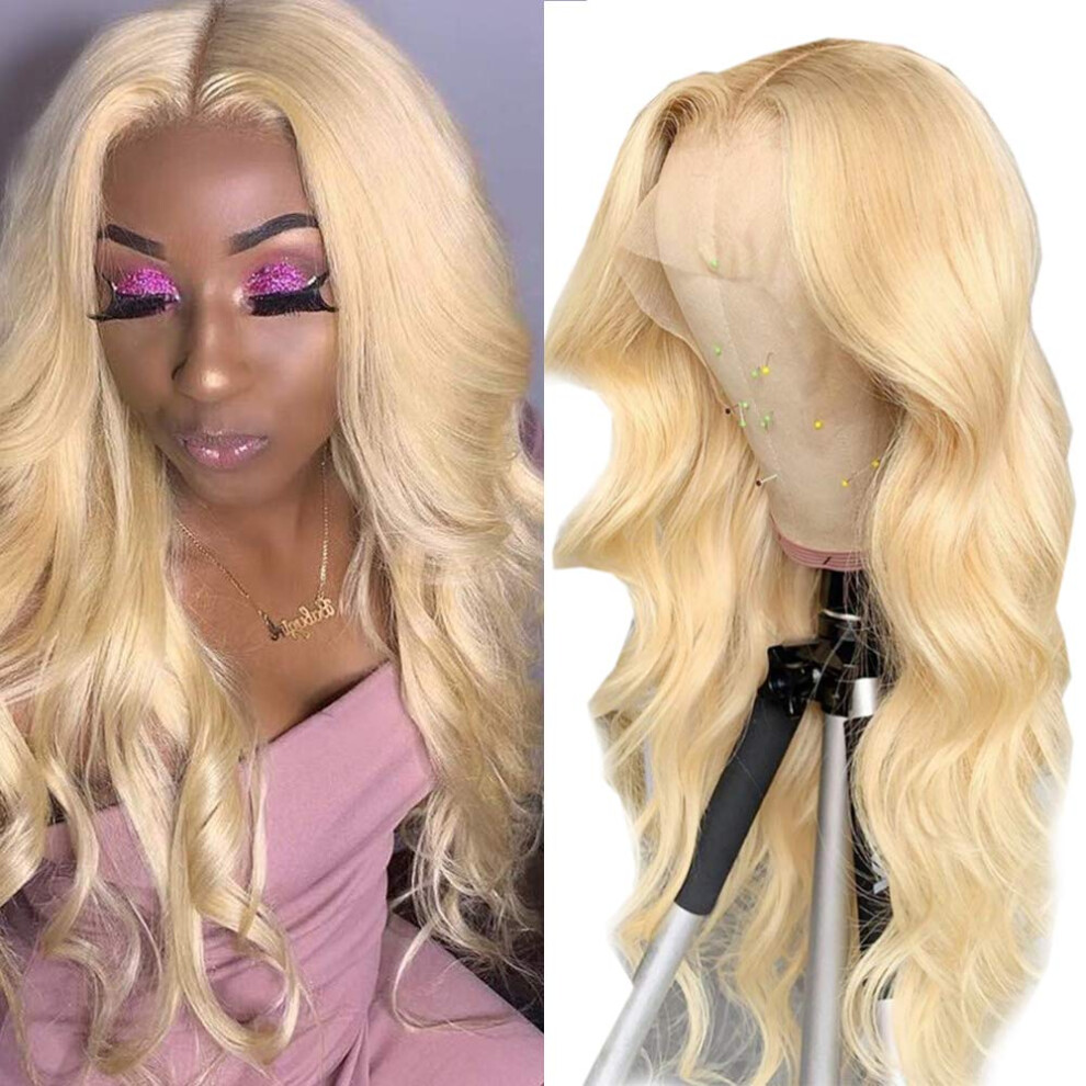Unisex Blonde Lace Front Wig 18 Inch 613 Human Hair Body Wave Preplucked Hairline Bleached Knots