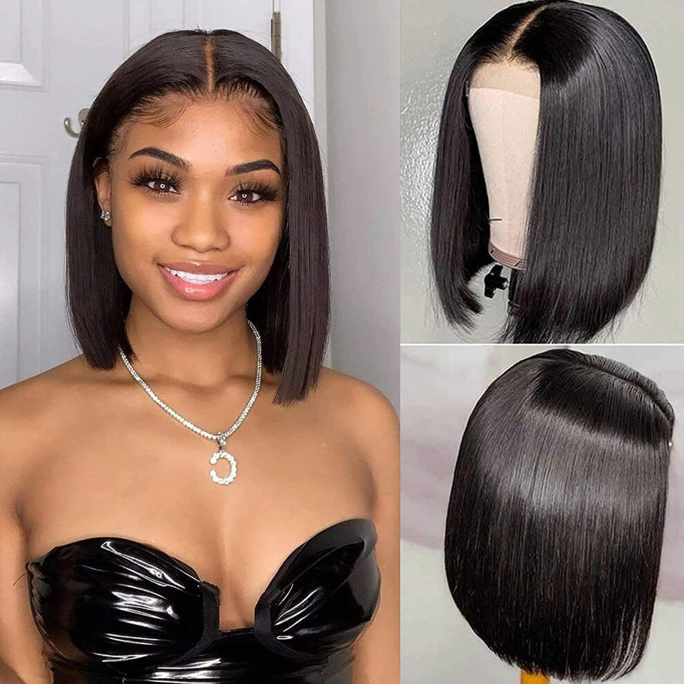 Unisex 12 Inch Brazilian Human Hair Bob Wig, Glueless Lace Front, Preplucked Natural Hairline