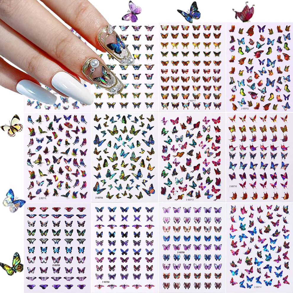 Butterfly Nail Stickers Self Adhesive Laser Nail Art Decals 12 Sheets for Acrylic Nails DIY Salon Finish