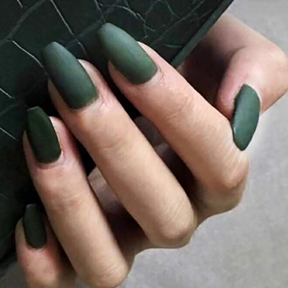 Green Matte Coffin Press On Nails Ballerina 24 Piece Set Instant Salon Manicure For Women