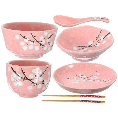 6pcs Japanese Style Ceramic Tableware Set Household Cutlery Creative Ceramic Dinnerware Set (Pink)