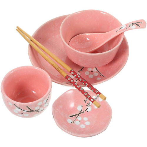 6pcs Japanese Style Ceramic Tableware Set Household Cutlery Creative Ceramic Dinnerware Set (Pink) 2