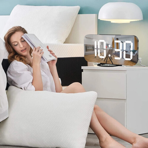 Jacenvly Black Tech Dual USB Charging Mirror Clock, 6.5" LED Display, Digital Alarm Clock with Creative Design, Compatible with USB Devices