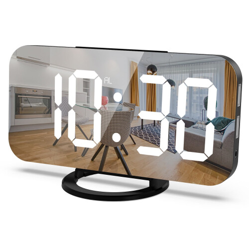 Jacenvly Black Tech Dual USB Charging Mirror Clock, 6.5" LED Display, Digital Alarm Clock with Creative Design, Compatible with USB Devices 1