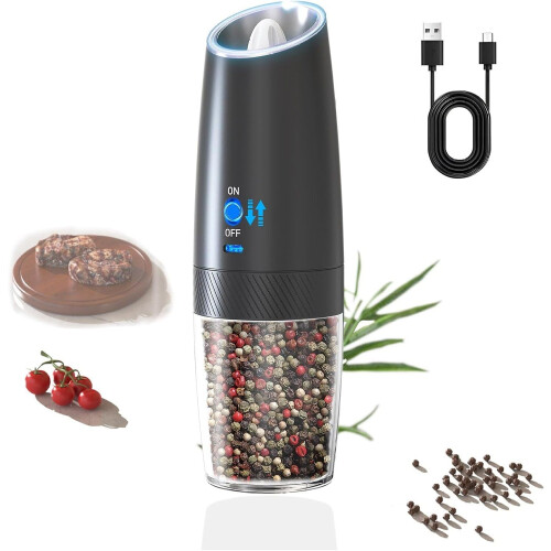 Electric Salt and Pepper Grinder USB Rechargeable Gravity Control Adjustable Coarseness with LED Light 1