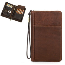 Cigar Travel Case Leather Brown Holds 5 Cigars with Lighter Cutter Humidor Tube
