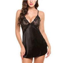 (L,Black)Women Lingerie Satin Lace Nightgown Slip Dress Sexy Pajamas
