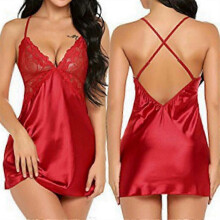 (S,Red)Women Lingerie Satin Lace Nightgown Slip Dress Sexy Pajamas