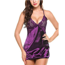 (L,Purple)Women Lingerie Satin Lace Nightgown Slip Dress Sexy Pajamas