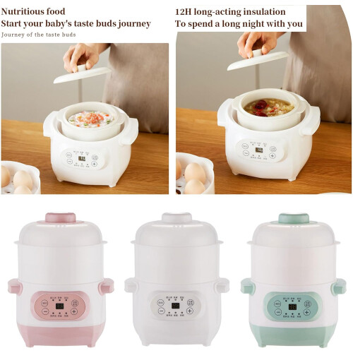 1L Ceramic Electric Slow Cooker with Touch Control, Dual Stew Steam Function, White Soup Maker 2