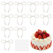 12Pcs Pearl Cake Toppers with Beige Bowknot, Elegant Pearl Bow Cupcake Decorations for Wedding Birthday