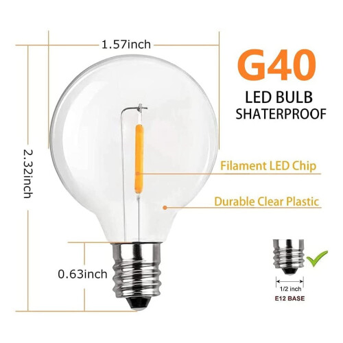20 Pcs G40 LED Replacement Light Bulbs E12 Screw Base Shatterproof LED Globe Bulbs for Solar String Lights Warm 2