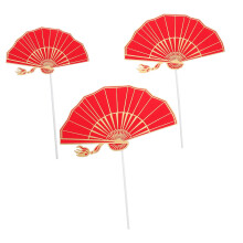 5 Pack Chinese Fan Cake Topper Set Festive Red Birthday Cake Decorations in Multiple Sizes