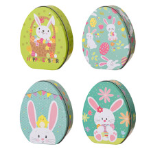 Set of 4 Easter Egg Tin Cookie Boxes with Bunny Design, Reusable Candy Storage Containers with Lids