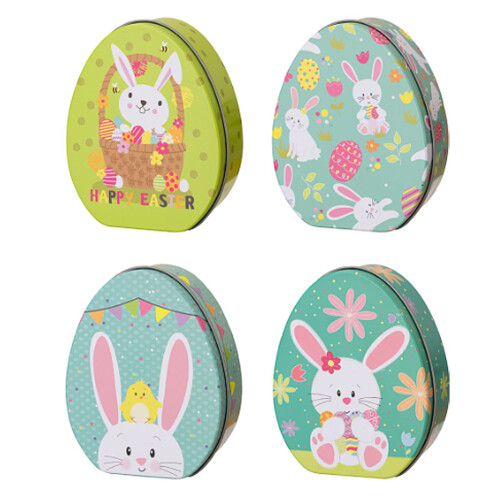 Set of 4 Easter Egg Tin Cookie Boxes with Bunny Design, Reusable Candy Storage Containers with Lids